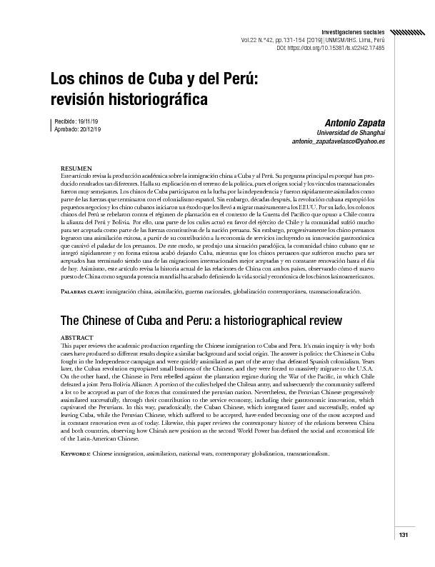 Los chinos de Cuba y del Perú: revisión historiográfica