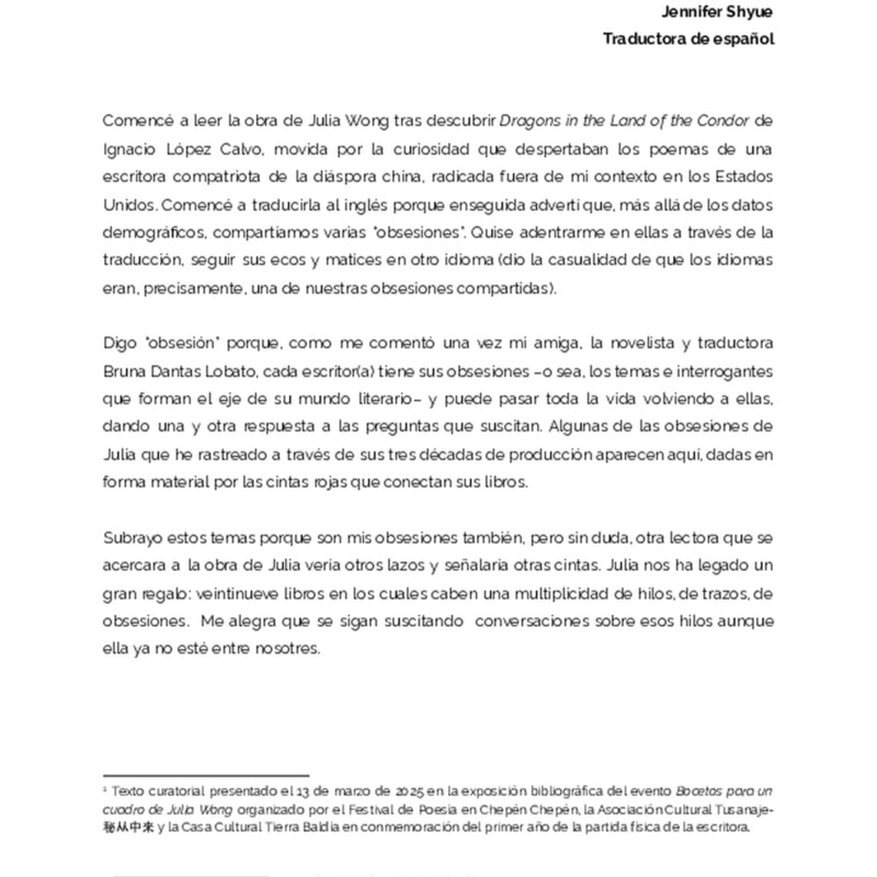 Exposición bibliográfica de la obra literaria de Julia Wong