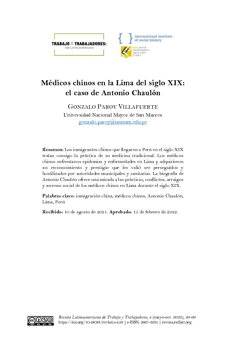 Médicos chinos en la Lima del siglo XIX: el caso de Antonio Chaulón