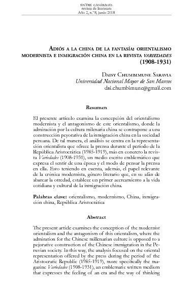 Adiós a la China de la fantasía: orientalismo modernista e inmigración china en la revista Variedades (1908-1931)